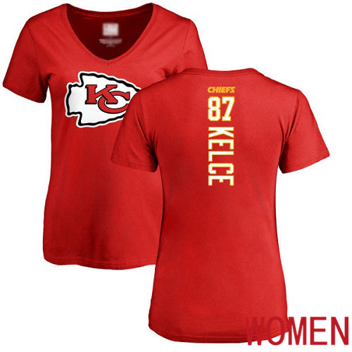 Women Football Kansas City Chiefs 87 Kelce Travis Red Backer T-Shirt